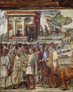 Július hónap allegóriája, Jupiter diadalának részlete, esküvői jelenet részlete - Francesco del Cossa freskója (kb. 1436-vers 1478) Ferrara (Ferrara) Palazzo Schifanoia, Salone dei Mesi alkotó: Francesco del Cossa