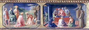 (LtoR) Az SS mártíromsága. Cosmas és Damian, Páduai Szent Antal megtalálja a fösvények szívét; Filippo Lippi (kb. 1406-69) Madonna és gyermek trónoló predellájának két panelje (tempera a serpenyőn alkotó: Francesco di Stefano Pesellino