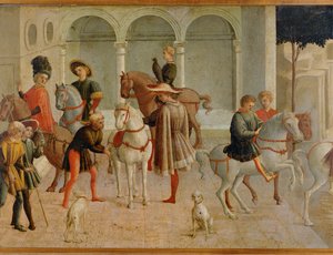 Lovagok Gualtieri di Saluzzo udvari termében (tempera, fa)