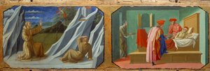 Assisi Szent Ferenc stigmákat kap, Szent Cosimo (Gyere vagy Cosimo) és Szent Damien beteget ápoló Francesco di Stefano dit Pesellino (kb. 1422-1457) festményei fára 15. század V. 0,32x0,94 m alkotó: Francesco di Stefano Pesellino
