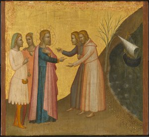 Acteus és Eugenius Szent János evangélistához könyörögnek, hogy állítsa helyre vagyonukat, 1370-1380 körül (tempera és aranylevél a panelen)