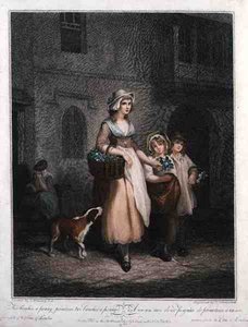 "Two Bunches a Penny, Primroses, Two Bunches a Penny", a "The Cries of London" 1. táblája, vésette Luigi Schiavonetti (1765-1810), pub. szerző: Colnaghi & Co.