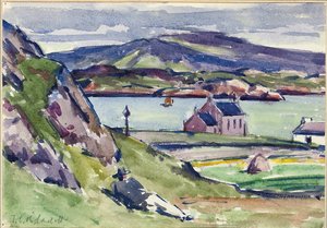 Figura és Kirk, Iona (ceruza és w/c papíron) alkotó: Francis Campbell Boileau Cadell