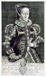 I. Mária (1516-58) portréja, kezében Thomas Hongar könyörgésével, a művész metszete, kiadó: Compton Holland (metszet)