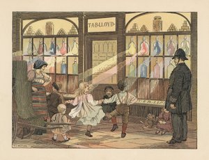 Viktoriánus gyerekek táncolnak egy gyógyszertár előtt, miközben egy rendőr nézi őket. Kromolitográfia Francis Donkin Bedford illusztrációja után Edward Verrall Lucas The Book of Shops című művéből. alkotó: Francis Donkin Bedford
