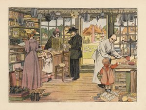 A viktoriánus vásárlók sonkát, könyveket és postai rendeléseket vásároltak a faluházban. Kromolitográfia Francis Donkin Bedford illusztrációja után Edward Verrall Lucas The Book of Shops című művéből.