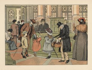 Viktoriánus család egy bankban, amint pénzt vesz fel a pénztárostól banki cédulákkal. Kromolitográfia Francis Donkin Bedford illusztrációja után Edward Verrall Lucas The Book of Shops című művéből. alkotó: Francis Donkin Bedford