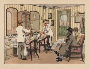 Viktoriánus urak hajmosás és hajmosó géppel történő hajkezelés egy borbélyüzletben. Kromolitográfia Francis Donkin Bedford illusztrációja után Edward Verrall Lucas The Book of Shops című művéből. alkotó: Francis Donkin Bedford