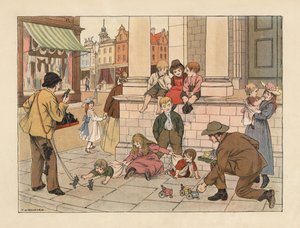 Viktoriánus korabeli járdaszegély-kereskedők filléres játékokat árulnak a gyerekeknek egy londoni utcában. Kromolitográfia Francis Donkin Bedford illusztrációja után Edward Verrall Lucas The Book of Shops című művéből.