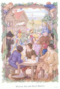 Pünkösdi sörök és Morris táncosok (színes litográfia)