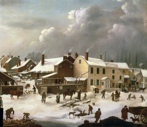 Téli jelenet Brooklynban, egy utca és a posta részlete, 1817-20 (84498 részlet)