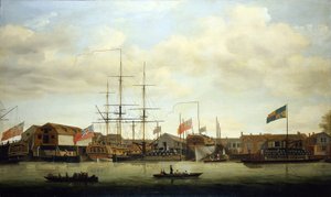 Egy kis hajógyár a Temzén (Anglia), két épülő hajóval. Olaj, vászon