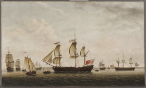 Cook kapitány hajói HMS Resolution and Adventure in the Long Reach, 1772