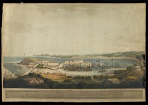 Korunna déli nézete a magaslatról a Szent Margit kolostor mellett, H. Merke metszete, 1809-ben megjelent (színes akvatinta) alkotó: Francis Lee