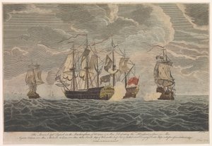 A bátor Tyrrel kapitány a 66 ágyúból és 472 emberből álló "Buckingham" hajón, amely legyőzte a "Florissant", "Aigrette" és "Atlante", három francia hadihajót, 1758. november 3-án.