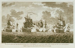 Tizenkét tengeri jegyességről készült nyomat. A dicsőséges összecsapás a Francois-foknál 1757. október 21-én az angolok és hét francia hadihajó között, ahol az utóbbiak teljes vereséget szenvedtek. (metszet) alkotó: Francis Swaine