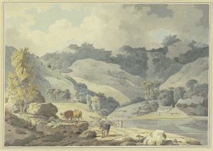 Hegyi táj, az úton egy lovagló lány, balra két tehén alkotó: Francis Wheatley