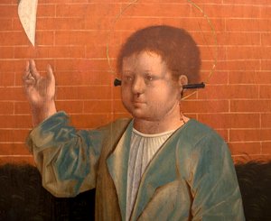 Szent Cir - részlet a Kegyelmes Szűzanya, Szent Júlia és Szent Cyr festménye, Francisco Henriques (flamand festő, aktív 1506 és 1518 között), olaj, fa, 1508-1512 körül, Szent Francois de Evora oldalkápolnájából (St. Cyr, részlet, Francisco alkotó: Francisco (attr.to) Henriques