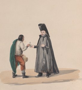 Egy kanonok, aki feszületet ad át egy férfinak, egy perui viseletet ábrázoló rajzcsoportból, 1848.
