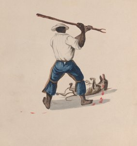 Egy férfi hátulról nézve, aki bottal ver egy kutyát, egy rajzcsoportból, amely..., kb. 1848