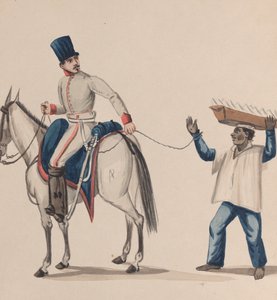 Egy lóháton ülő katona kötéllel, amely egy tányéron egyensúlyozó bennszülött rabszolgát rögzít..., kb. 184