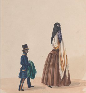 Egy elegánsan öltözött nő és oldala, egy rajzcsoportból, amely Perui..., kb. 1848.