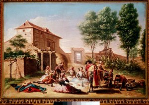 Ebéd vidéken: piknikező burzsoázia fiatalok. Francisco Bayeu y Subias festménye