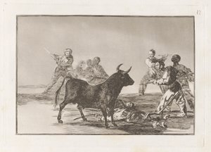 A Bikát lándzsákkal, sarlókkal, banderillákkal és más karokkal felfűző hamvas, 12. tábla a La tauromaquia-ból alkotó: Francisco de Goya