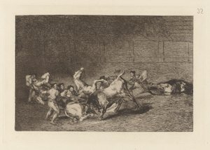 Két Picador-csapat, akiket egy bika dobott egymás után, La tauromaquia 32. táblája alkotó: Francisco de Goya