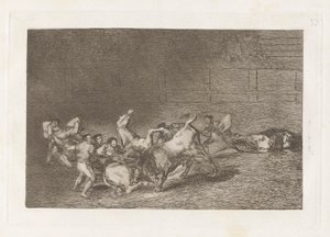 Két Picador-csapat, akiket egy bika dobott egymás után, La tauromaquia 32. táblája alkotó: Francisco de Goya