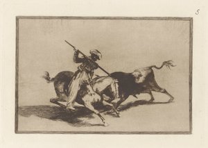 A lendületes Moro Gazul indul először? bikák sorrendben (A szellemes mór gazul az első, aki a szabályok szerint lándzsás bikákat lándzsa meg), 5. tábla a La tauromaquia-ból alkotó: Francisco de Goya