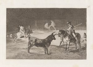 El c?lebre Fernando del Toro, barilarguero, rúdjával kényszeríti a fenevadat (Az ünnepelt Picador, Fernando del Toro, ráhúzza a heves fenevadat a pikéjével), 27. tábla a La tauromaquia-ból alkotó: Francisco de Goya