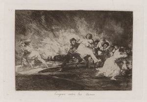 Menekülnek a lángokon keresztül, 41. tábla a háború katasztrófáiból alkotó: Francisco de Goya