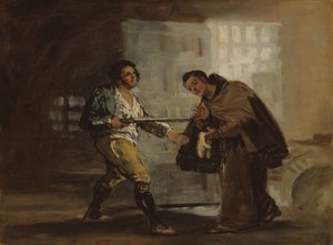 Pedro barát cipőket ajánl El Maragatónak, és arra készül, hogy félretolja fegyverét, c. 1806. alkotó: Francisco de Goya