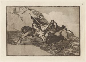 Hogyan vadásztak az ókori spanyolok a bikákra? ló a mezőn (A mód, ahogyan az ókori spanyolok bikákra vadásztak lóháton a szabadban), 1. tábla a La tauromaquia-ból alkotó: Francisco de Goya