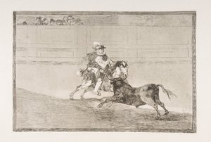 A „Tauromaquia” 13. táblája: Spanyol lovas lovag a gyűrűben, aki rövid lándzsákat tör..., 1816. alkotó: Francisco de Goya