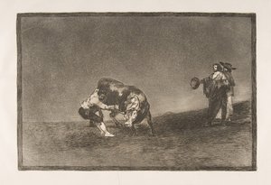 A Tauromaquia 16. táblája: Ugyanez az ember egy bikát dob a ringbe Madridban., 1816. alkotó: Francisco de Goya