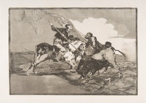 1. tábla a Tauromaquiából: Az ókori spanyolok bikák vadászatának módja a hor..., 1816. alkotó: Francisco de Goya