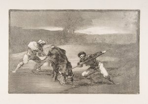 A Tauromaquia 2. táblája: A gyalogos vadászat másik módja, 1816. alkotó: Francisco de Goya