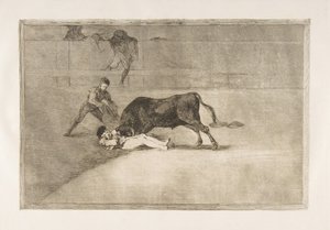 33. tábla a Tauromaquiáról: Pepe Illo szerencsétlen halála a ringben Madridban., 1816. alkotó: Francisco de Goya