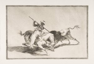 A Tauromaquia 5. táblája: A lelkes mór Gazul az első, aki lándzsás bikákat ütött..., 1816. alkotó: Francisco de Goya