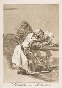 78. tábla Los Caprichosból: Légy gyors, felébresztik a Despachát, que dispiertan., 1799. alkotó: Francisco de Goya