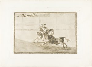 Egy spanyol lovas lovag a ringben, aki asszisztensek segítsége nélkül tör lándzsákat, 13. lemez a Bikaviadal művészetéből alkotó: Francisco Jose de Goya y Lucientes