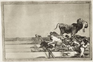 GOYA Y LUCIENTES, Francisco de (1746-1828). Félelmetes események a madridi ring első soraiban és Torrejon polgármesterének halála 1801-ben. 1816. „A bikaviadal művészete” 21. táblája. Rézkarc. SPANYOLORSZÁG. MADRID (AUTONÓM KÖZÖSSÉG). Madrid. Nemzeti alkotó: Francisco Jose de Goya y Lucientes