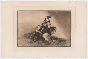 La Tauromaquia 10. táblája: V. Károly Bikát lándzsázni a ringben Valladolidban, 1816, nyomtatott 1876 (Rézkarc és akvatinta fektetett papíron) alkotó: Francisco Jose de Goya y Lucientes