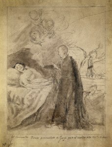 Szent Ferenc (Francis) Borgia (1510-1578) egy haldokló, bűnbánó ágyánál. Francisco de Goya y Lucientes (1746-1828) 1788-as rajza. Vázlat az azonos című festményhez az Ausuna család megrendelésére. Prado Múzeum, Madrid.