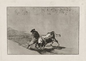 Az okos „hamis tanuló” feldühíti a bikát azzal, hogy köpenyébe burkolózva mozog, 14. tábla alkotó: Francisco de Goya
