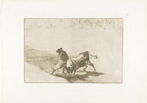 A hamisság nagyon ügyes tanulója, köpenyébe burkolva, testének játékával becsapja a bikát, 14. lemez A bikaviadal művészetéből alkotó: Francisco Jose de Goya y Lucientes