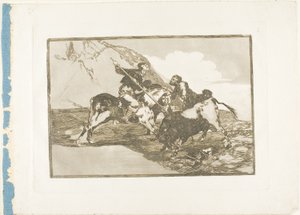 Az a mód, ahogyan az ókori spanyolok bikákra vadásztak lóháton a nyílt terepen, első tábla A bikaviadal művészetéből alkotó: Francisco Jose de Goya y Lucientes