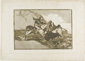 Az a mód, ahogyan az ókori spanyolok bikákra vadásztak lóháton a nyílt terepen, első tábla A bikaviadal művészetéből alkotó: Francisco Jose de Goya y Lucientes